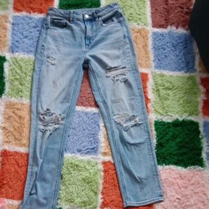 American Eagle Light Blue Distressed Mom Straight Leg Jeans
